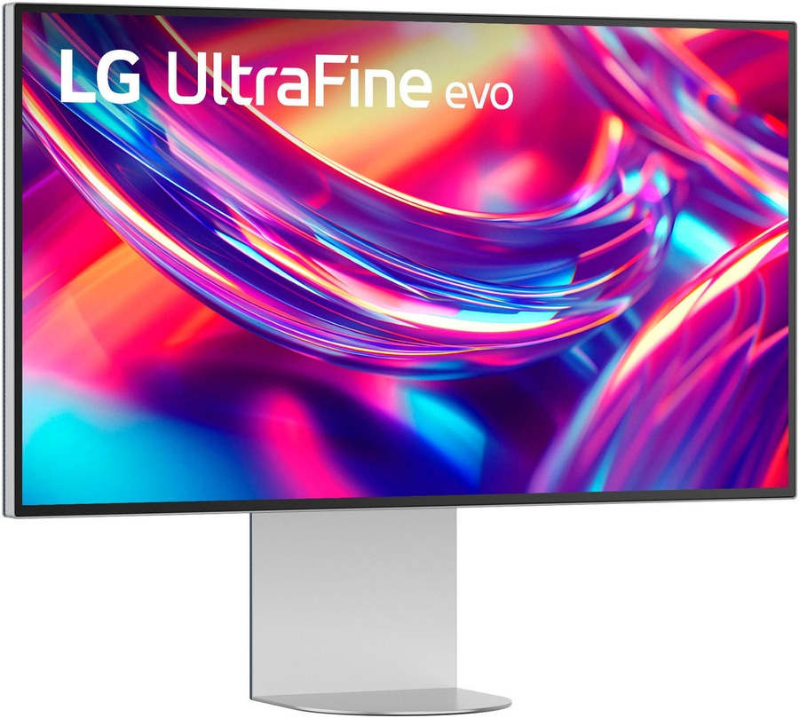 LG UltraFine evo Monitor mit abstraktem bunten Hintergrund.