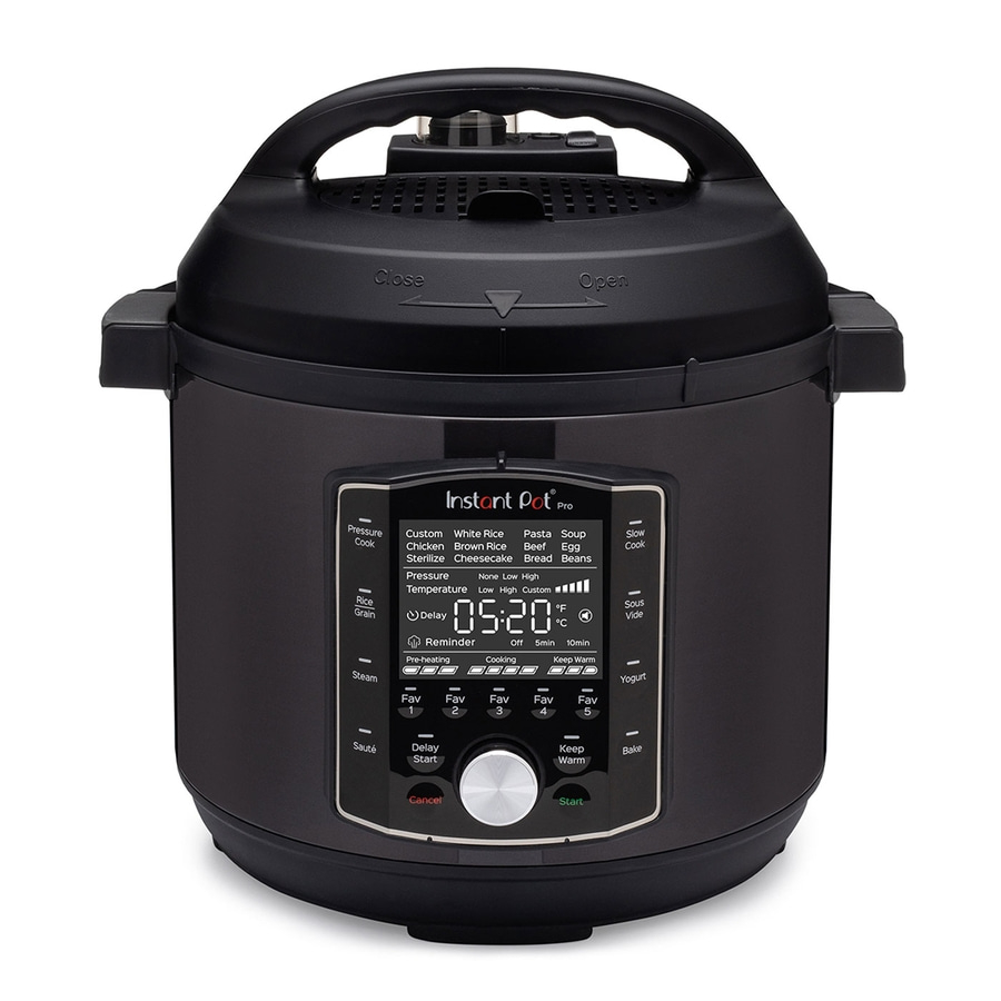 Instant Pot Pro, schwarzer Schnellkochtopf mit digitalem Display und Bedienelementen.