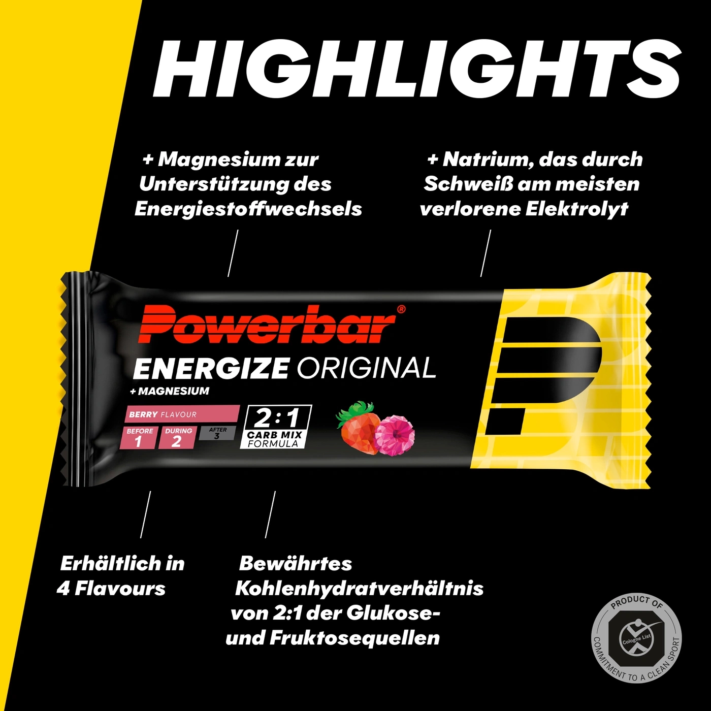 + Magnesium zur Unterstützung des Energiestoffwechsels. + Natrium, das durch Schweiß am meisten verlorene Elektrolyt. Erhältlich in 4 Flavours. Bewährtes Kohlenhydratverhältnis von 2:1 der Glukose- und Fruktosequellen.