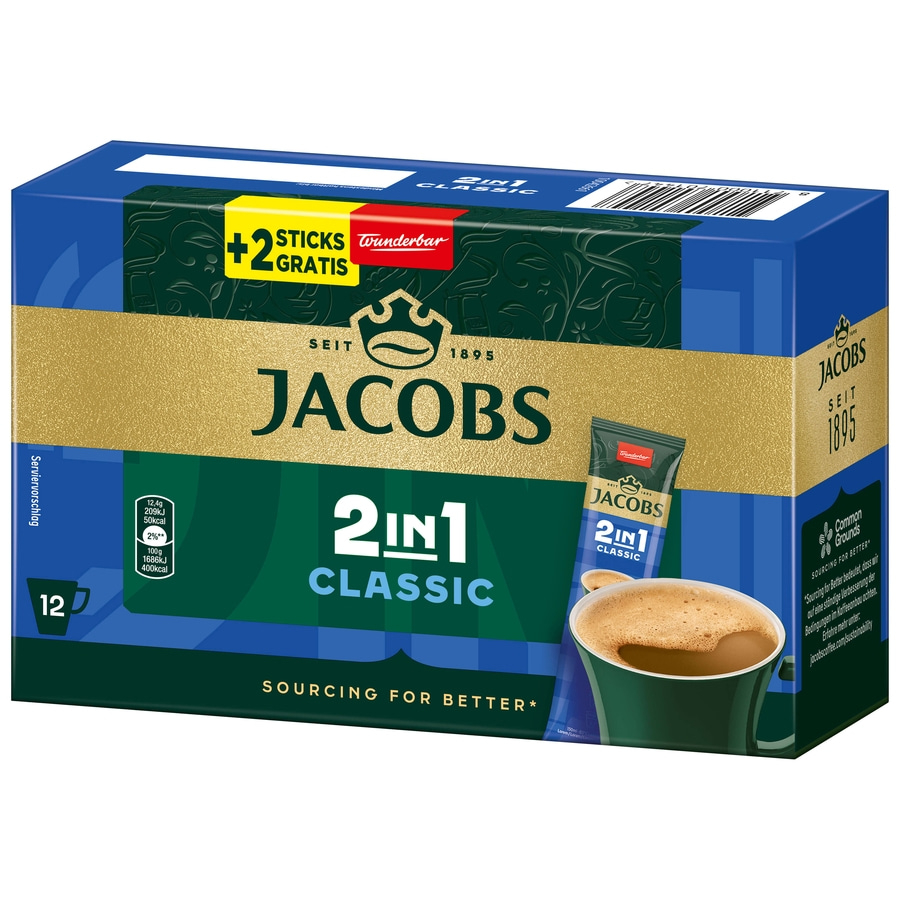 Jacobs 2in1 Classic Kaffee Packung mit 12 Sticks und +2 Gratis Sticks