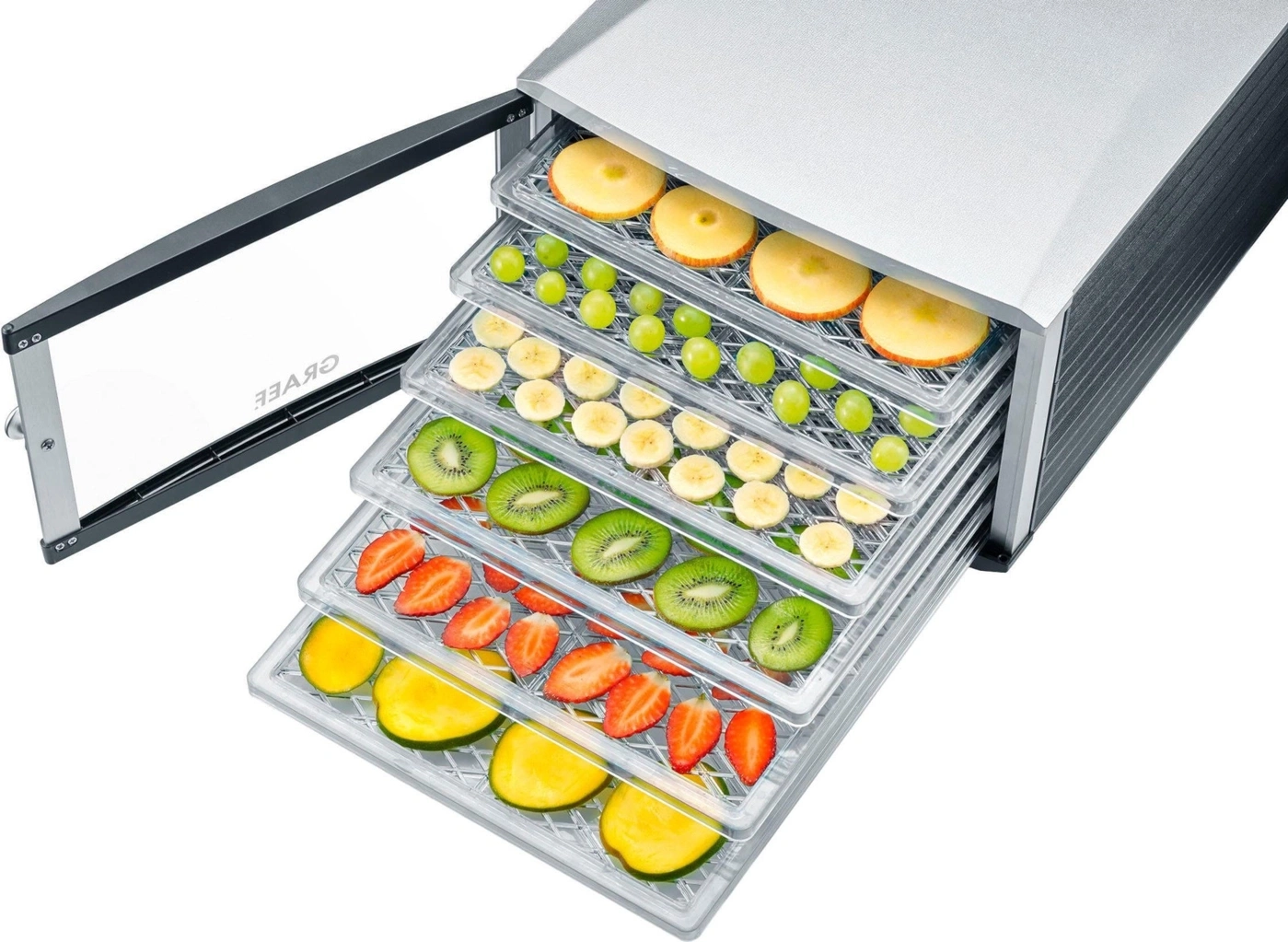 Obsttrockner mit verschiedenen Früchten, wie Äpfel, Bananen, Kiwi, Erdbeeren und Trauben.