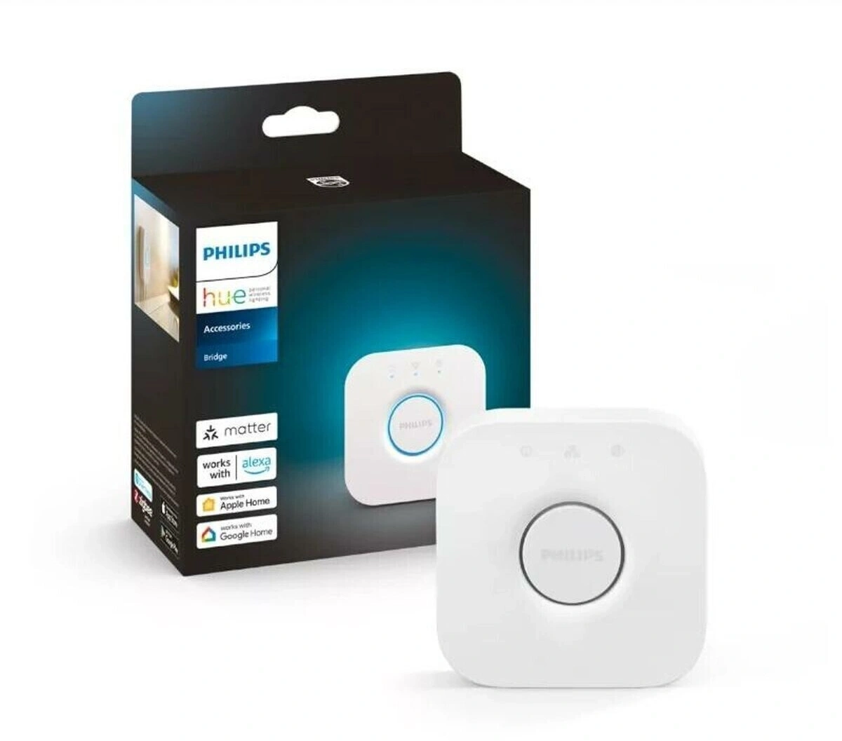 Verpackung mit Philips Hue Bridge und separater Bridge auf weißem Hintergrund