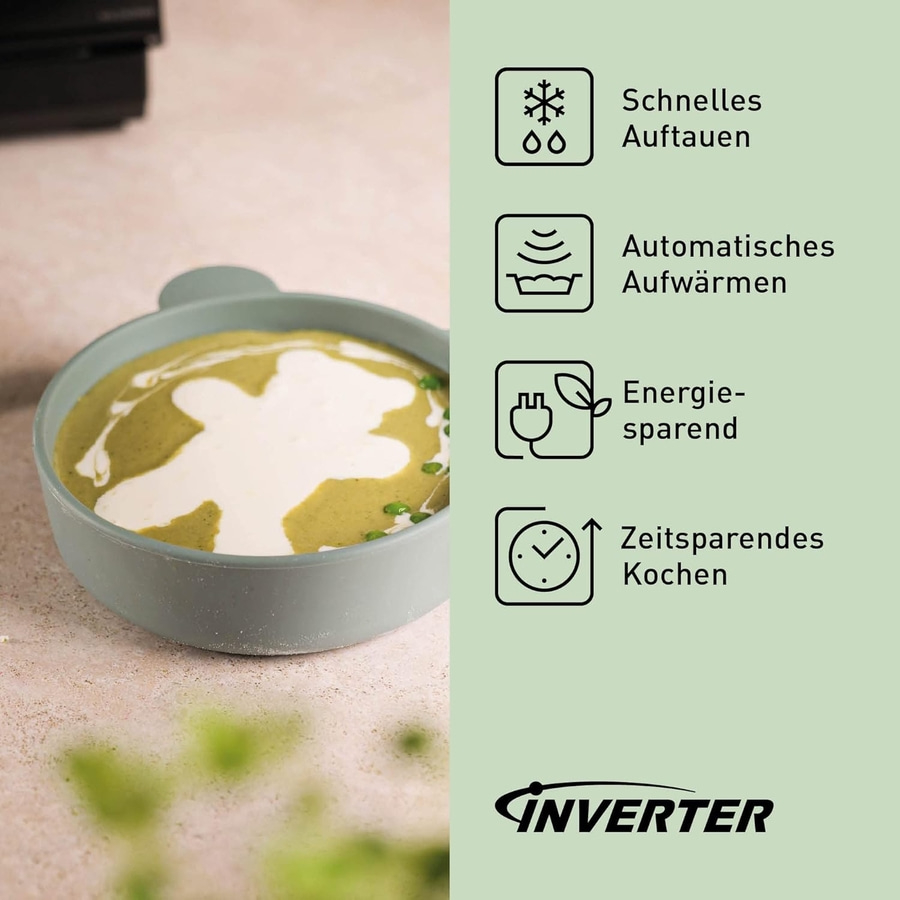 Suppe mit Texten: Schnelles Auftauen, Automatisches Aufwärmen, Energiesparend, Zeitsparendes Kochen