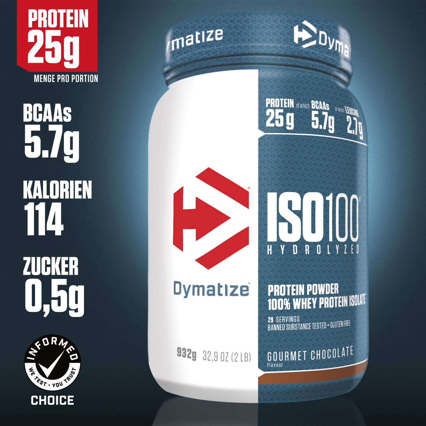 Dymatize ISO100 Protein-Pulver, 25g Protein, 5.7g BCAAs, 114 Kalorien, 0.5g Zucker, Gourmet Chocolate
