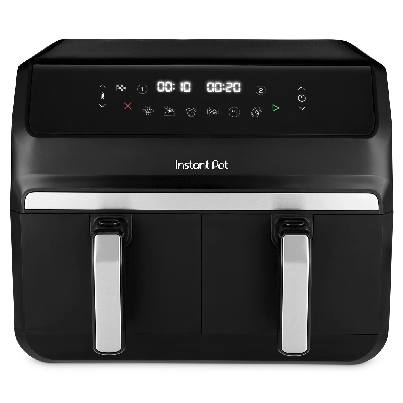 Schwarze Instant Pot Heißluftfritteuse mit zwei Fächern und digitaler Anzeige.