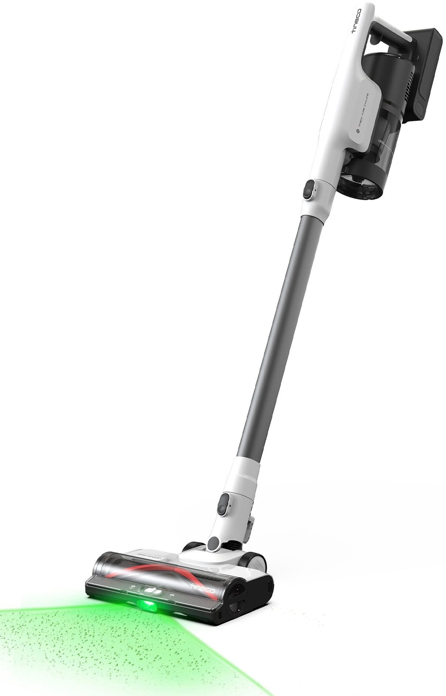 Staubsauger, weiß und grau, mit grüner Laser-Bodenbeleuchtung, Tineco-Marke