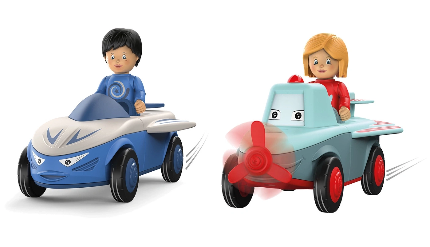 Zwei Spielzeugautos mit Figuren, eines blau, eines türkis