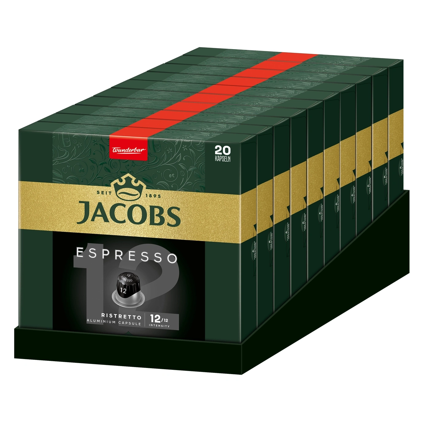 Jacobs Espresso Ristretto 20 Kapseln in grüner Verpackung mit rotem Streifen