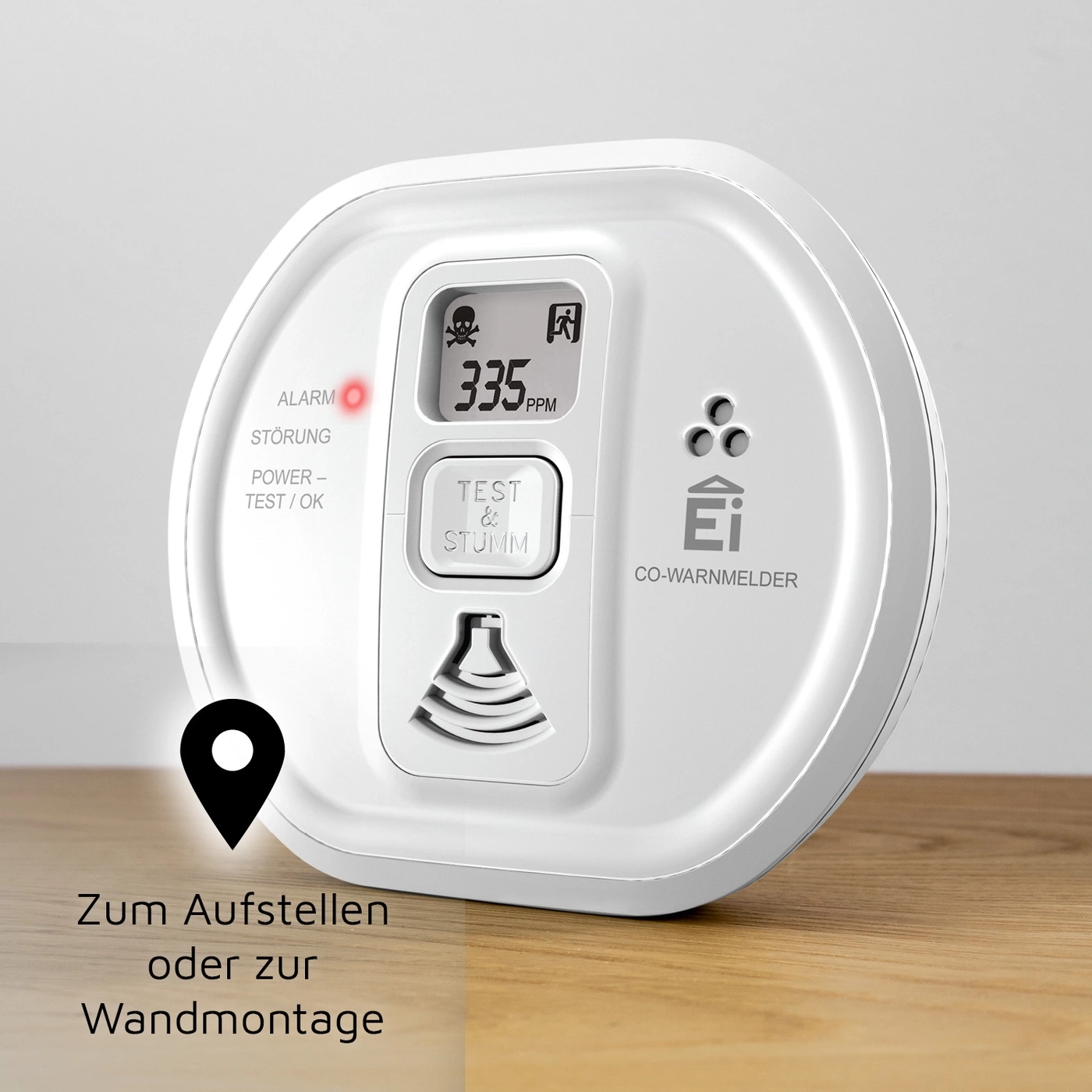CO-Warnmelder mit Anzeige von 335 ppm, Alarm und Test-Funktion. Zum Aufstellen oder Wandmontage.