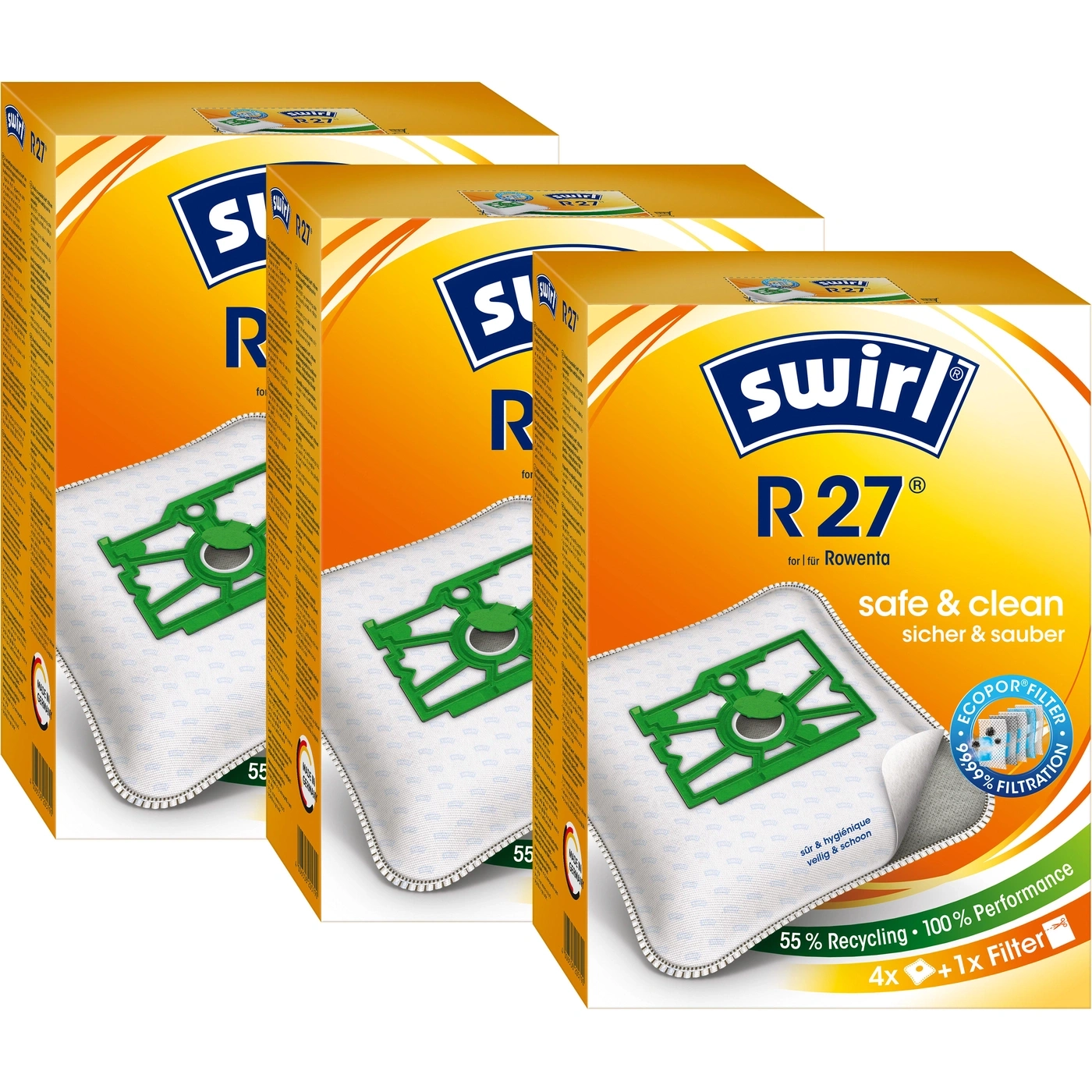 Swirl R27 Staubsaugerbeutel, 4x + 1x Filter, 55% Recycling, 100% Leistung, sicher & sauber