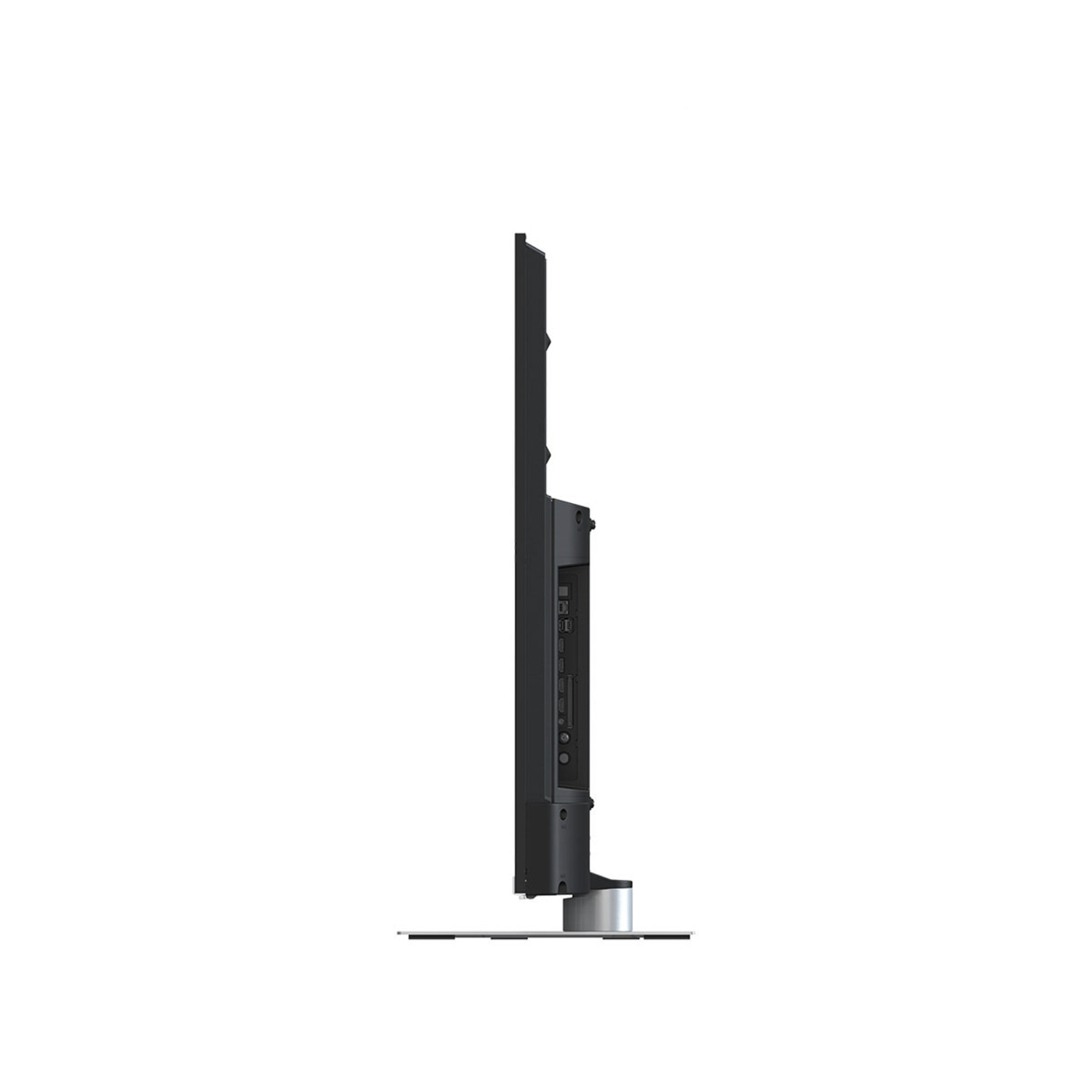 Fernseher, Seitenansicht, schlankes Design, schwarzer Rahmen, silberner Standfuß, Technologie