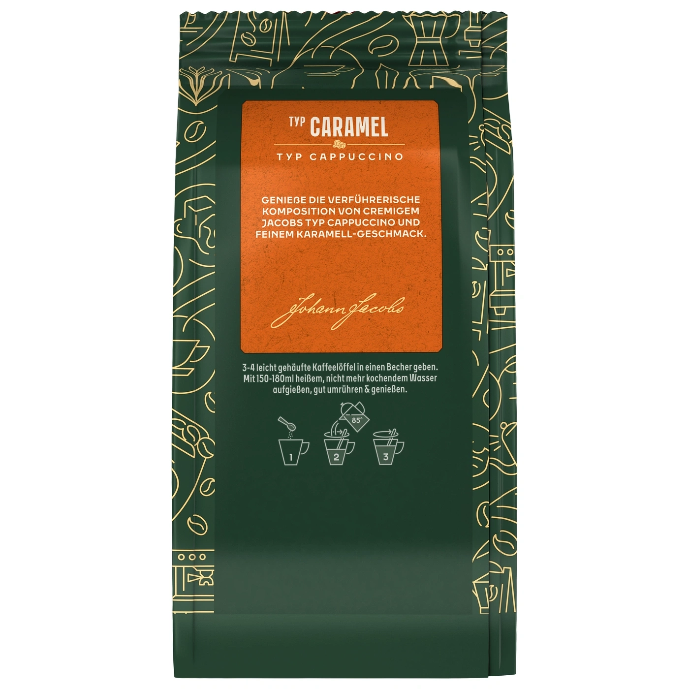 Kaffeebeutel mit "Typ Caramel" Aufschrift und Zubereitungsanleitung