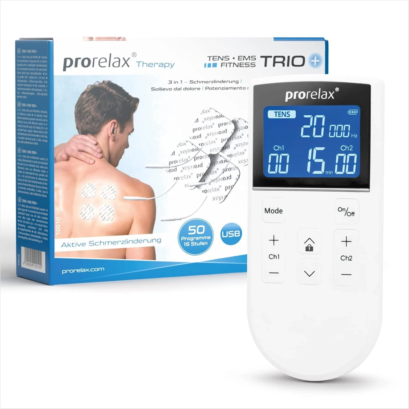 prorelax Therapy TENS EMS Fitness Trio Gerät mit Anzeige und Knöpfen