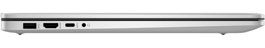 Laptop-Seite mit Anschlüssen: USB, HDMI, USB-C, Kopfhöreranschluss. Silbernes Gehäuse.