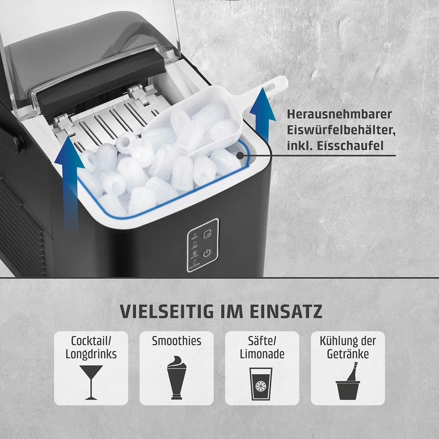 Eismaschine mit herausnehmbarem Eiswürfelbehälter und Eis-Schaufel, vielseitig einsetzbar.