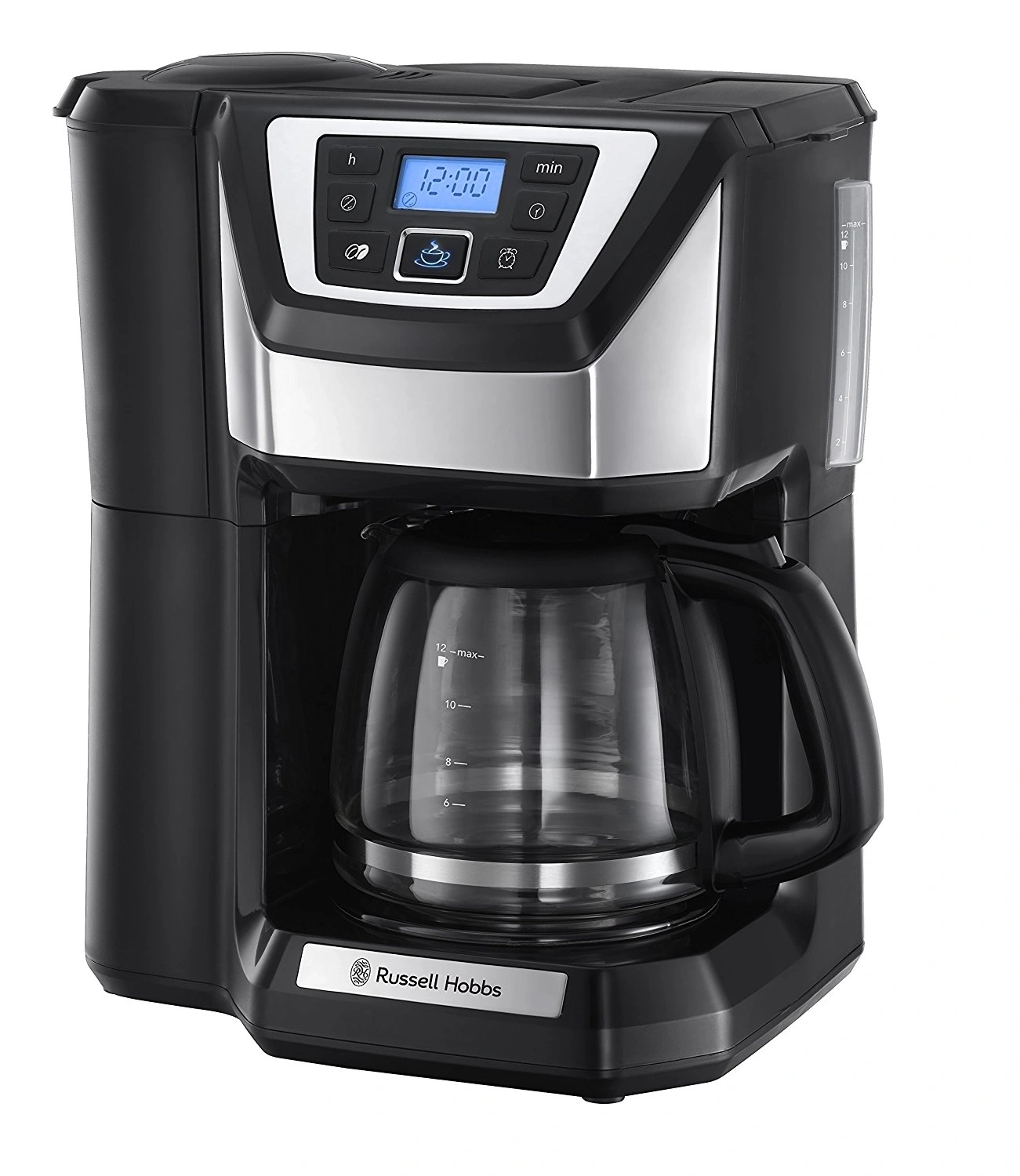 Kaffeemaschine mit digitaler Anzeige, Uhrzeit 12:00, Marke Russell Hobbs, schwarzes Design, Kaffeekanne