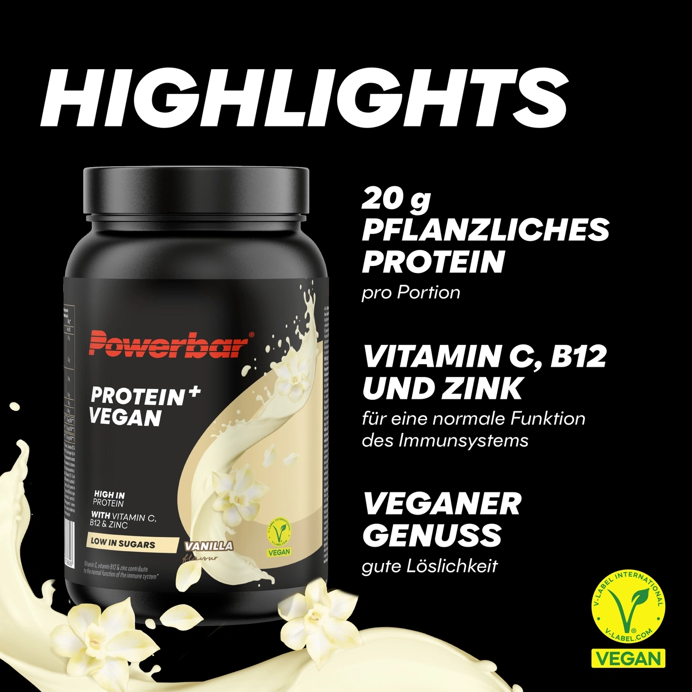 Powerbar Protein+ Vegan Pulver mit Vanillegeschmack und V-Label