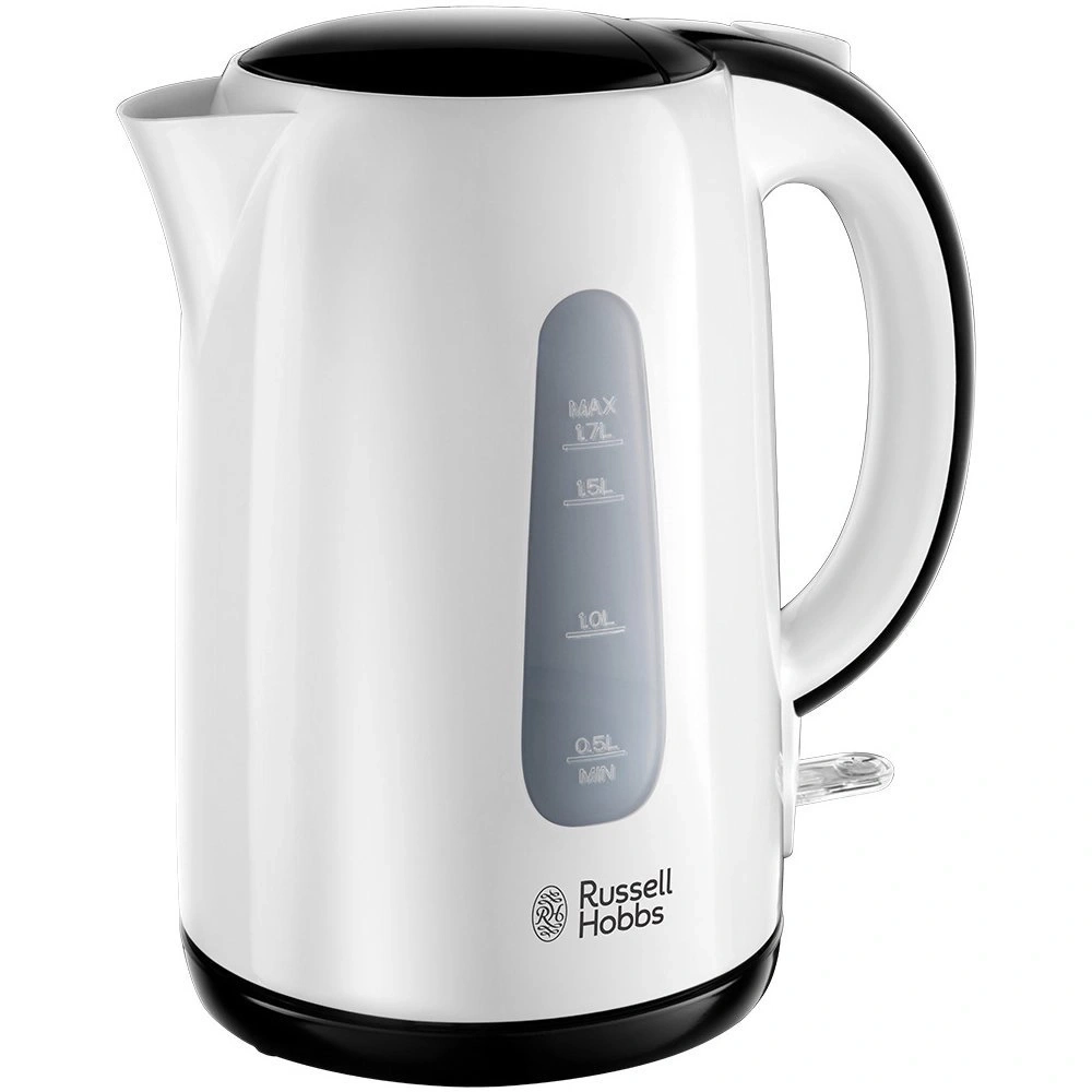 Weißer Wasserkocher mit schwarzem Deckel und Griff, Wasserstandsanzeige, Russell Hobbs