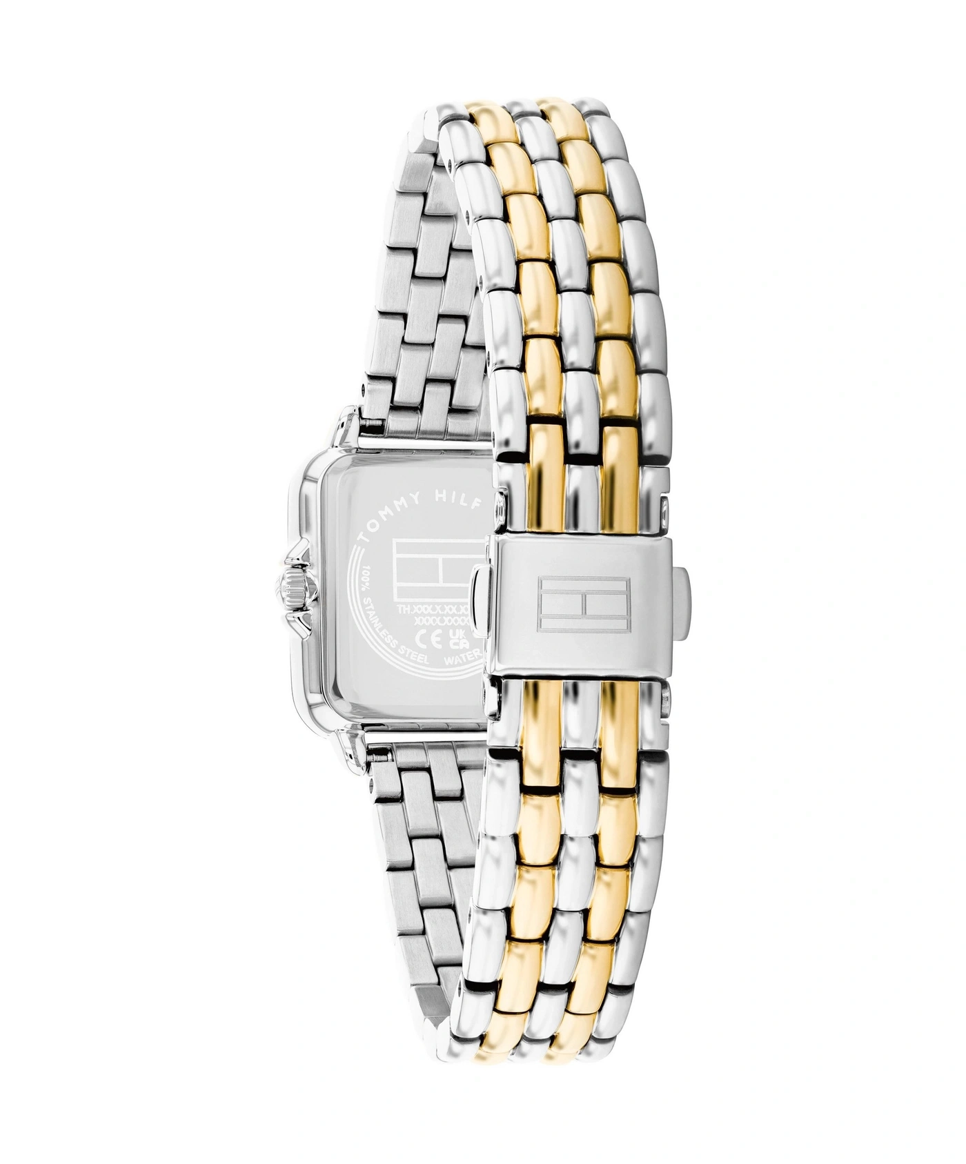 Rückseite einer zweifarbigen Tommy Hilfiger Damenuhr aus Stahl und Gold.