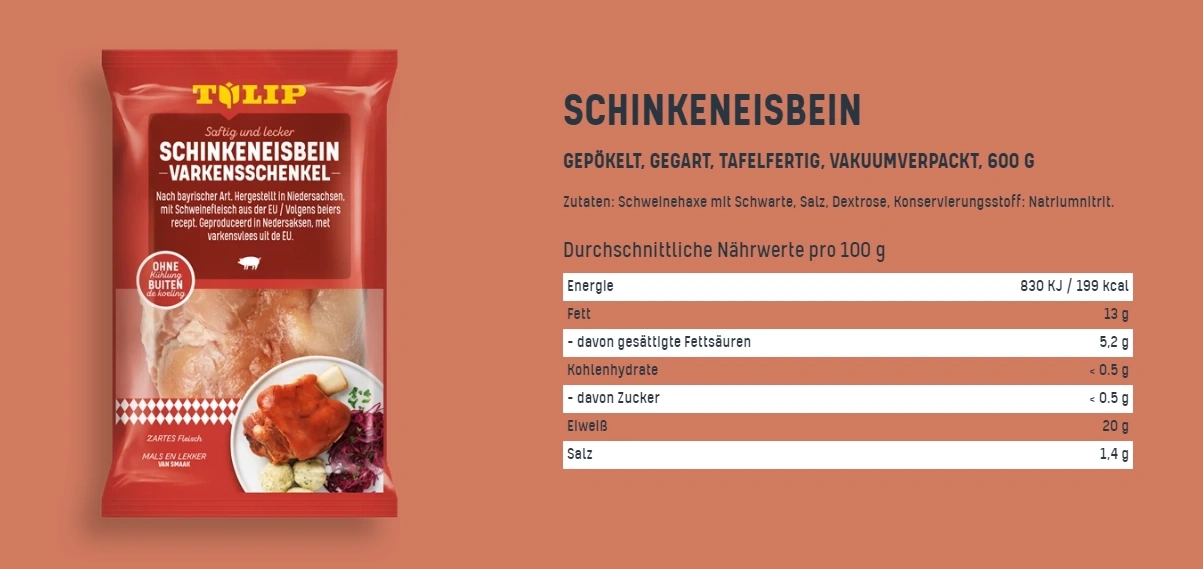 Schinkeneisbein von Tulip, gegart und vakuumverpackt, Nährwerte pro 100g
