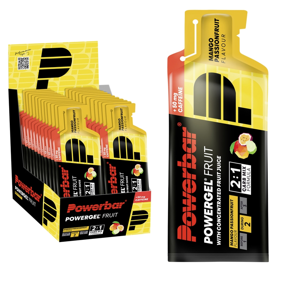 POWERBAR PowerGel Fruit Mango Passionfrucht High Carb Energie Gel Koffein 24x41g