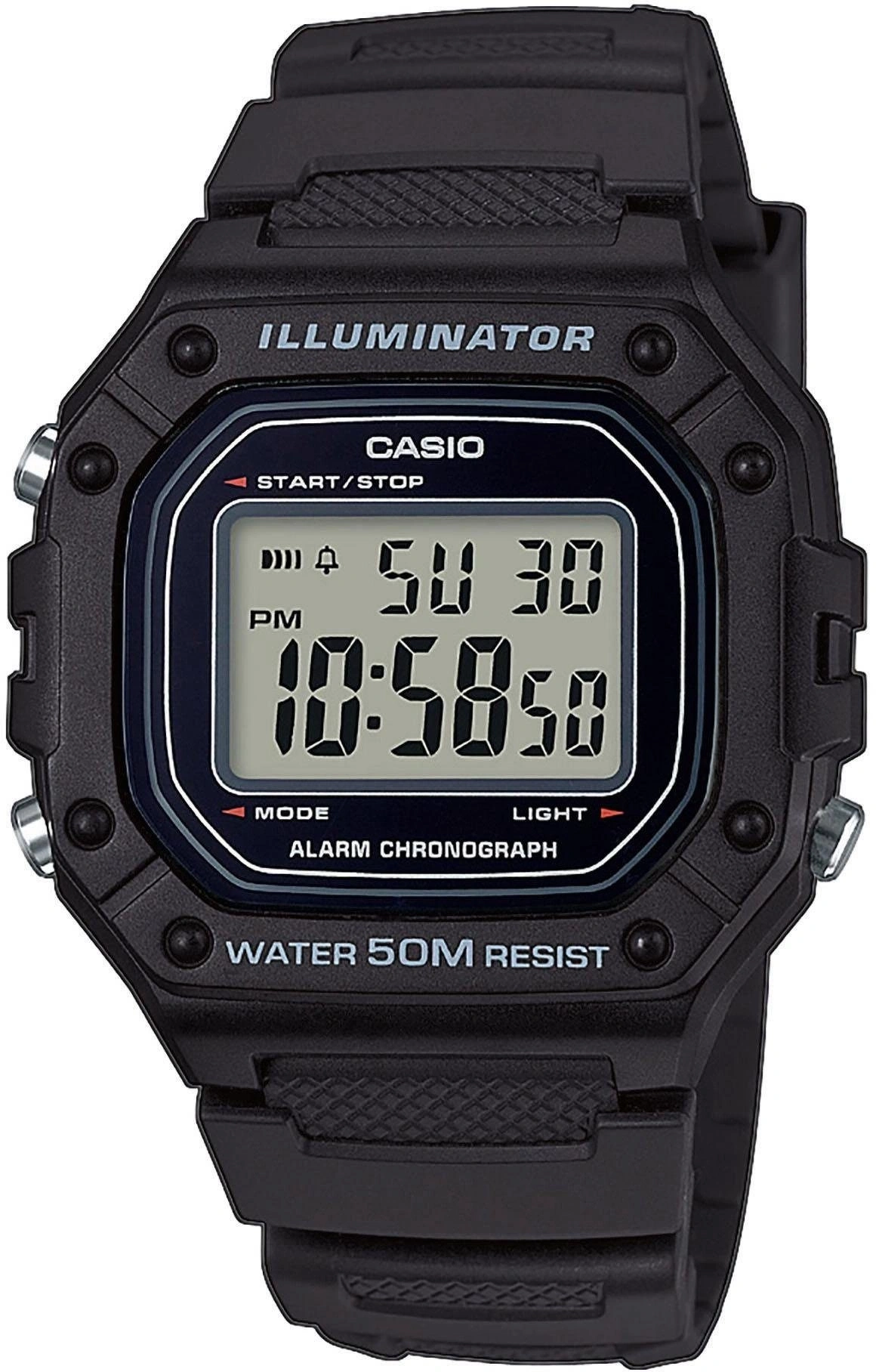 Schwarze Casio Armbanduhr mit digitaler Anzeige und Textinformationen
