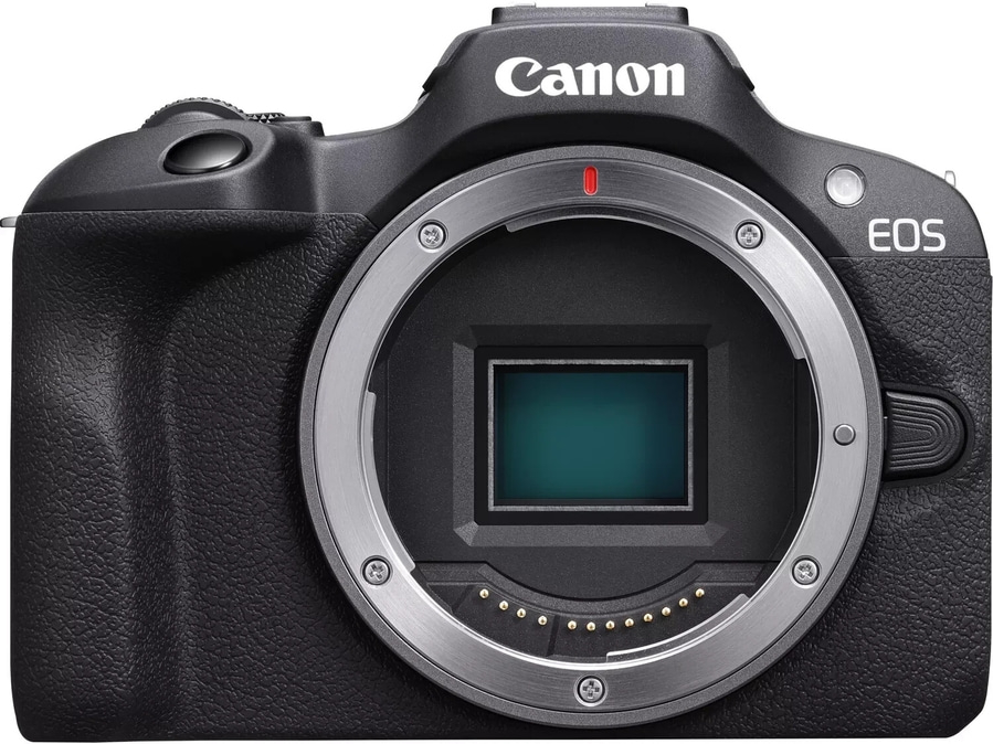 Nahaufnahme einer schwarzen Canon EOS Kamera mit Objektivanschluss und Canon-Logo