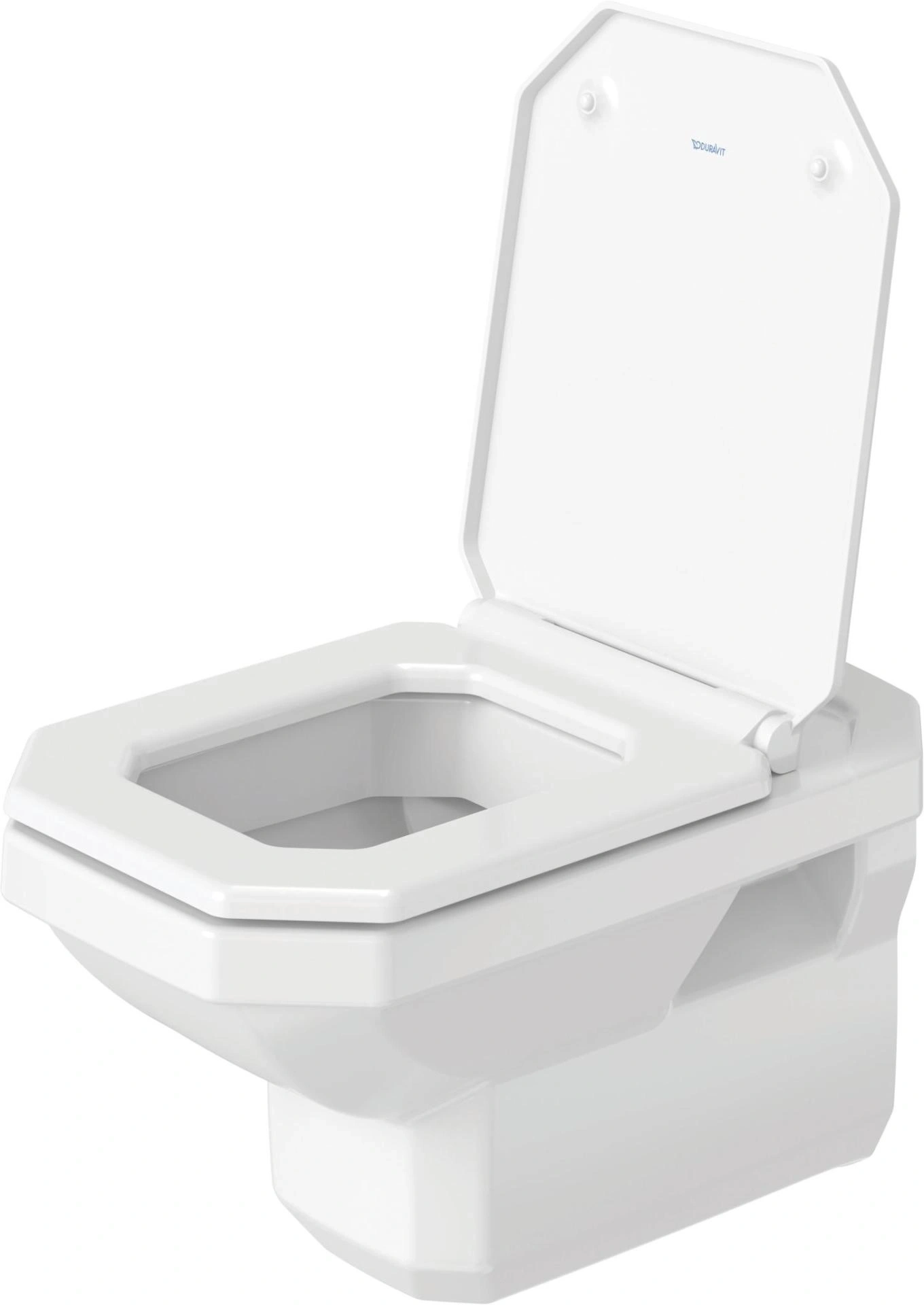 Weißes, wandmontiertes WC mit offenem Deckel, Duravit-Logo.