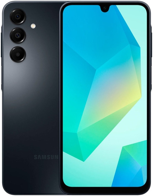 Dunkelblaues Samsung Smartphone mit drei Kameras und einem Bildschirm mit geometrischen Formen.