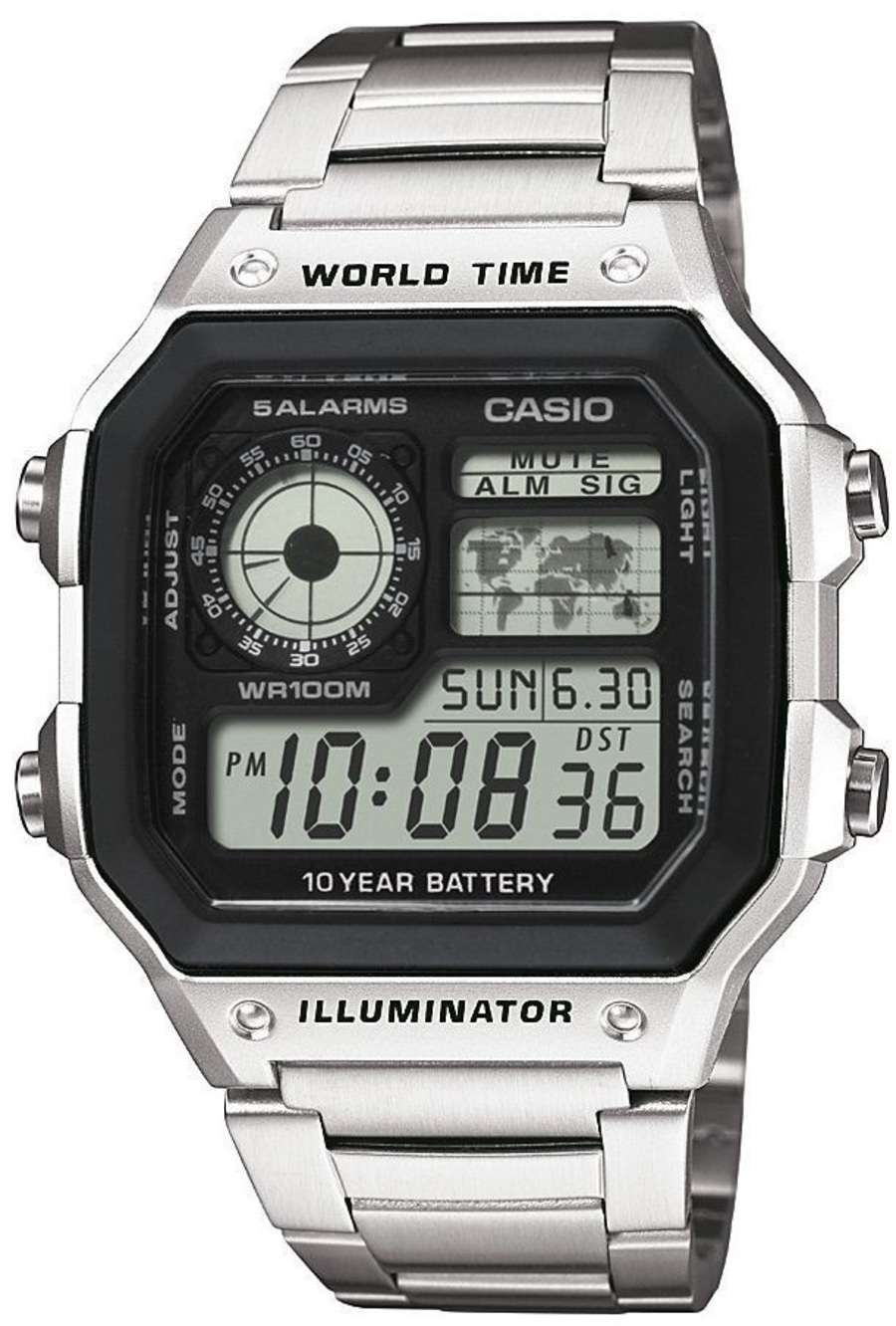 CASIO Collection Chronograph AE-1200WHD-1AVEF Edelstahlarmband Silber B-WARE Casio Uhr mit digitaler Anzeige, Weltzeit, 10-Jahres-Batterie, Beleuchtung, 5 Alarme