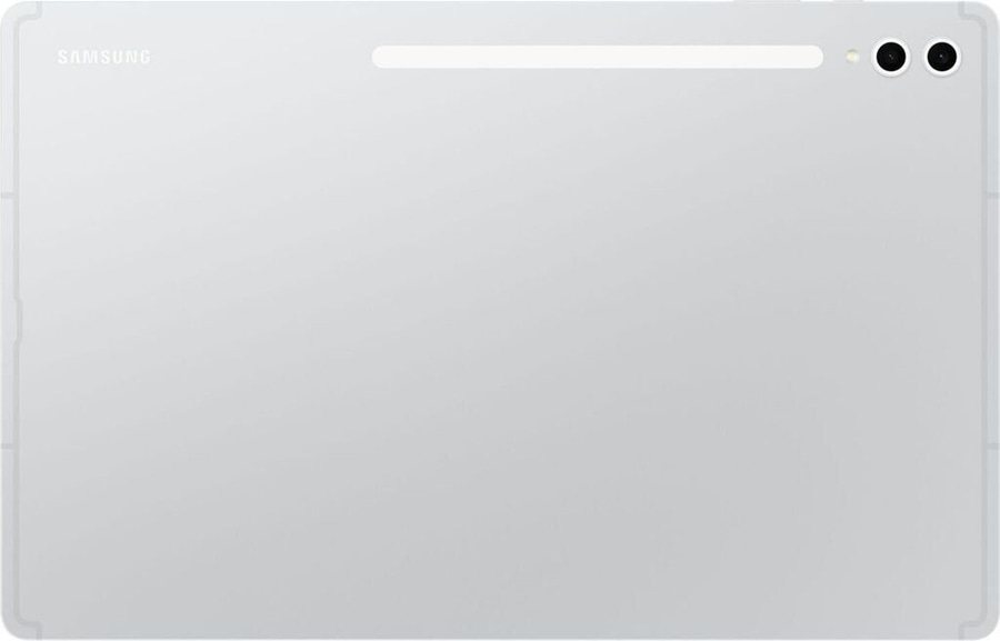 Graues Tablet mit Samsung-Logo und Kamera auf weißem Hintergrund