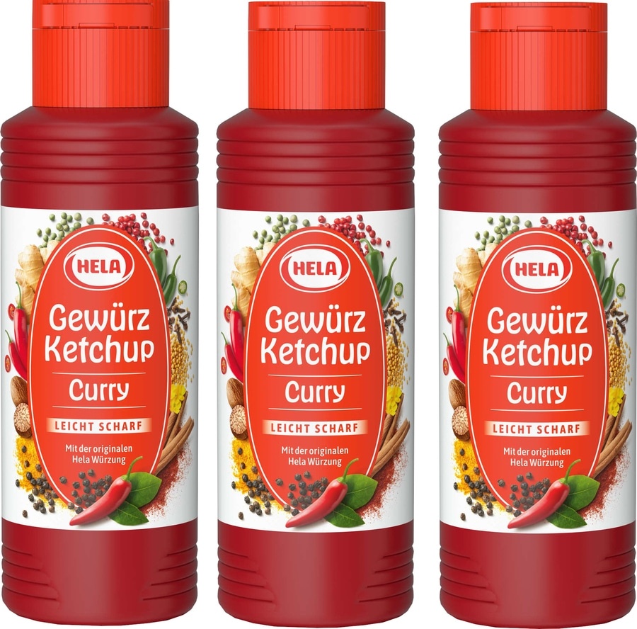 3 x Hela Ketchup Curry leicht scharf Gewürzketchup 300 ml Flasche Ketchupflasche