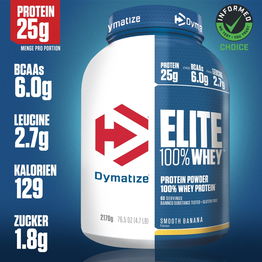 Dymatize Elite 100% Whey Protein Pulver, 25g Protein, 6.0g BCAAs, 2.7g Leucin, 129 Kalorien, 1.8g Zucker