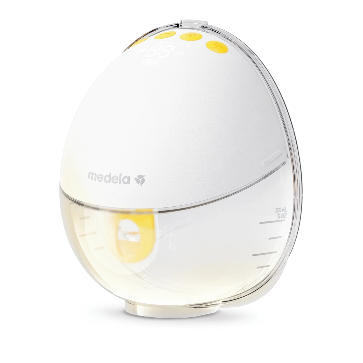 Ein weißer Medela Milchpumpen-Behälter mit gelben Akzenten und Messskala.