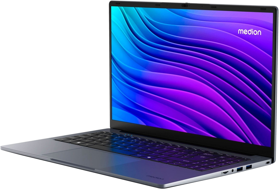Ein Medion Laptop mit blau-violettem Hintergrund auf dem Bildschirm.