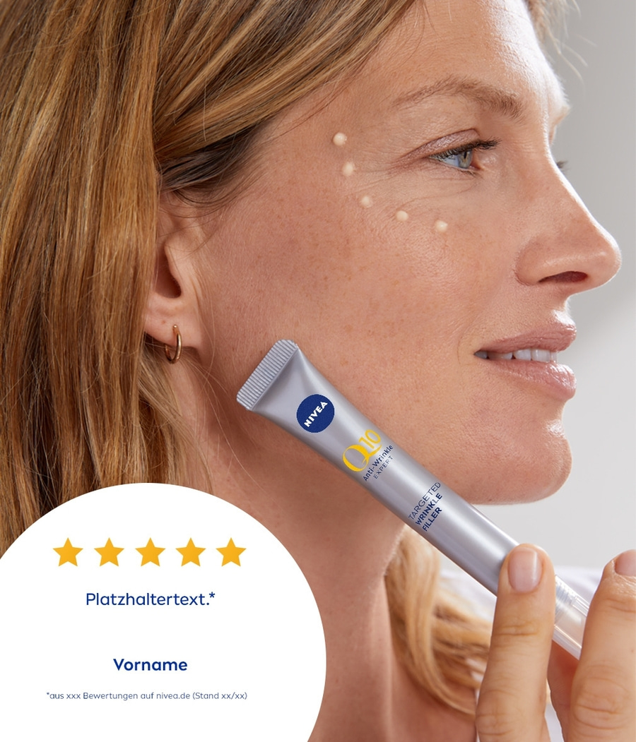 Frau mit Nivea-Produkt, Sternebewertung und Text. Anti-Wrinkle Expert.