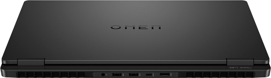 Schwarzer Laptop mit OMEN-Logo, geschlossen, von oben gesehen, mit Anschlüssen