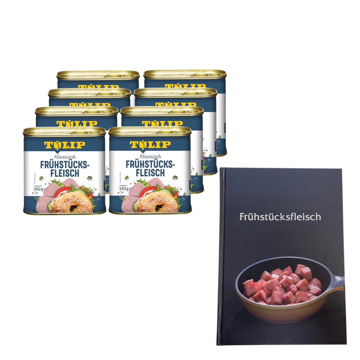 Sechs Dosen Frühstücksfleisch und ein Kochbuch mit Frühstücksfleisch.