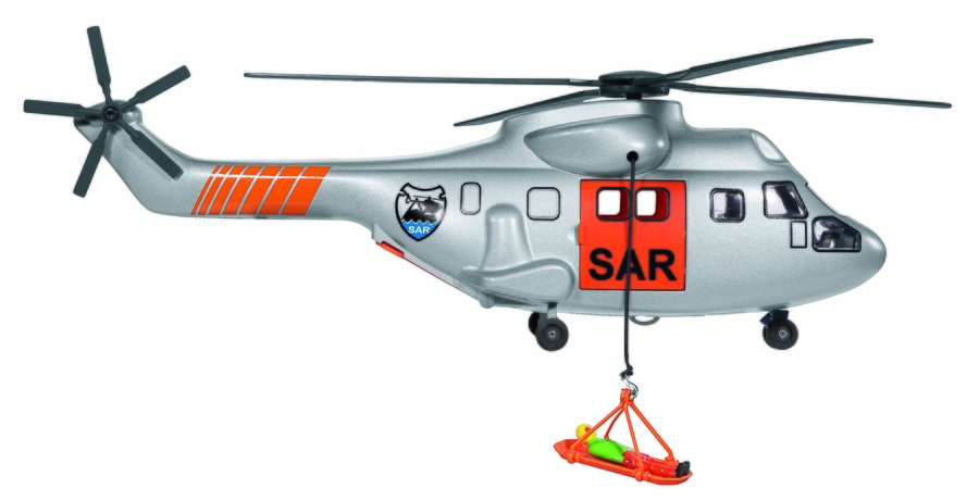 Silberner SAR-Hubschrauber mit orangefarbenen Akzenten und einer Trage, die eine Person transportiert.