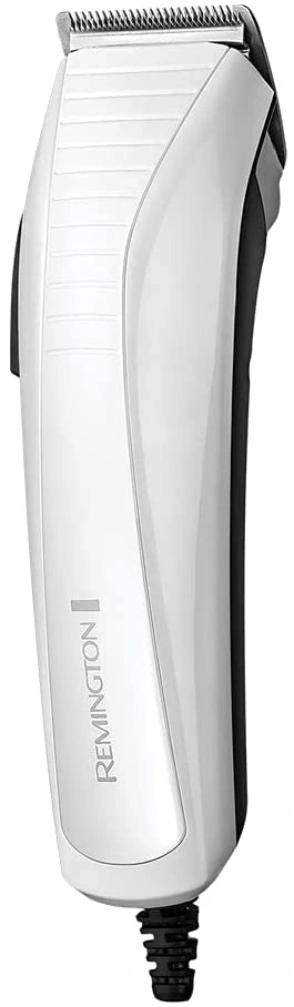 Weißer Remington Haarschneider mit schwarzem Griff und Kabel, Nahaufnahme