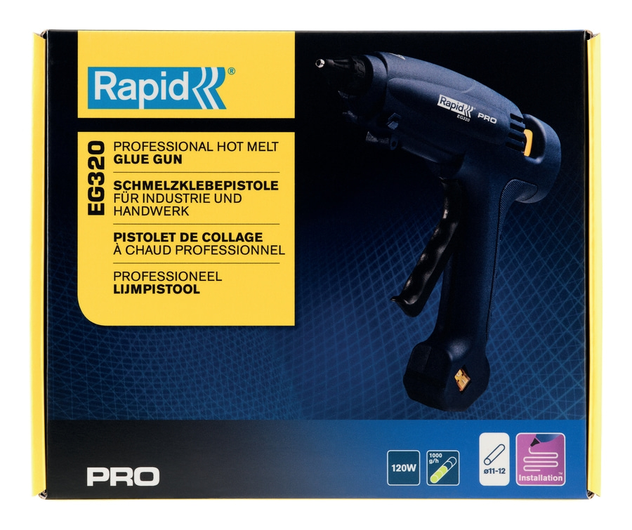 Verpackung einer Rapid Pro EG320 Heißklebepistole, professionell.