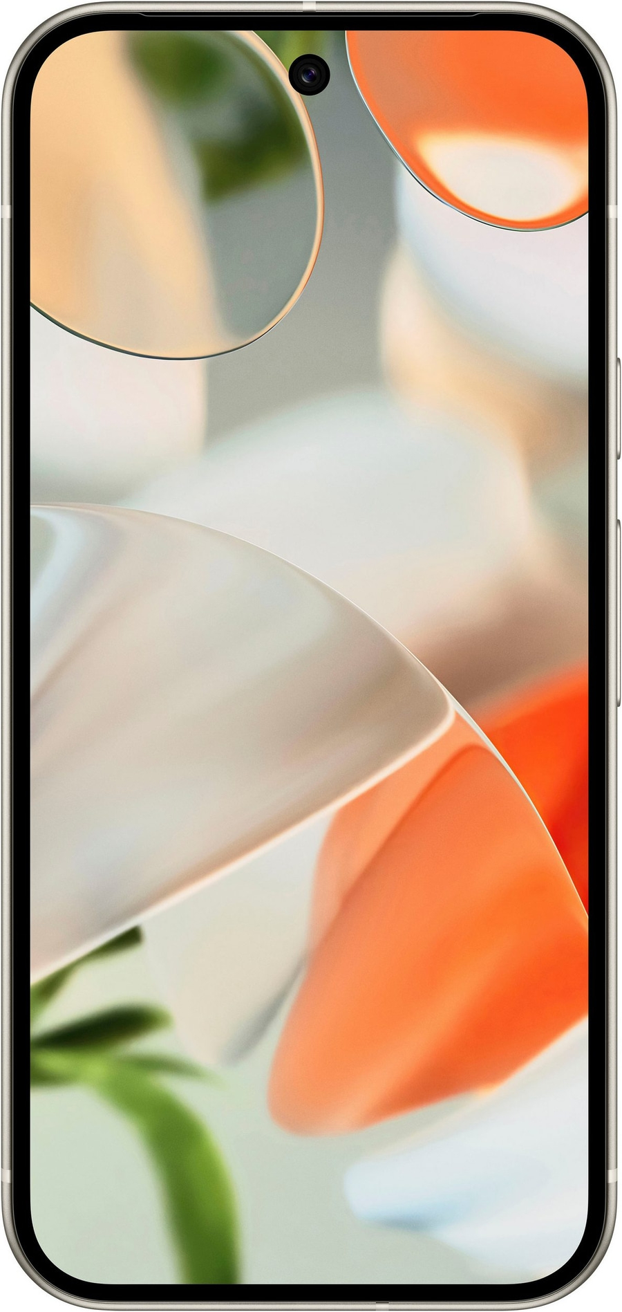 Smartphone mit abstraktem Hintergrund, orangefarbenen und weißen Formen, Kamera