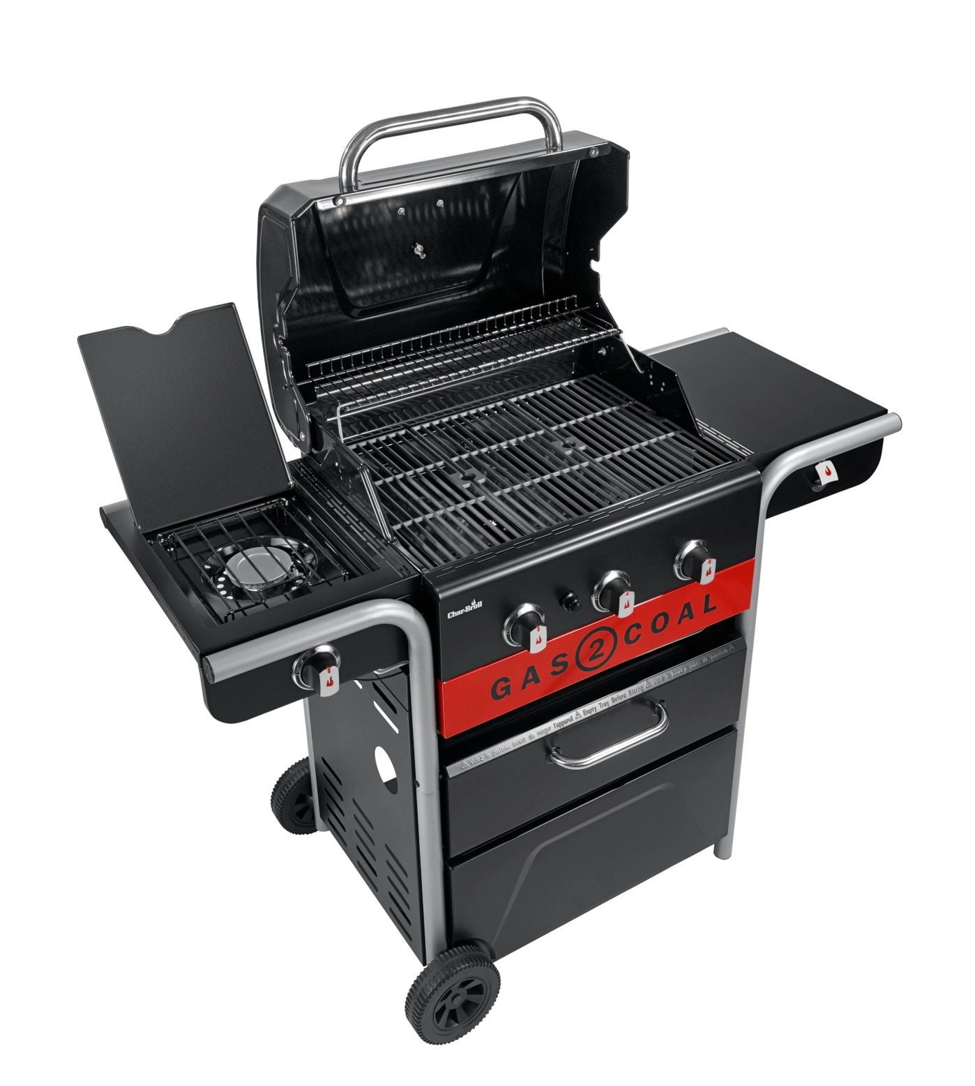 Ein schwarzer Gas- und Kohlegrill mit zwei Rädern und mehreren Kochflächen.