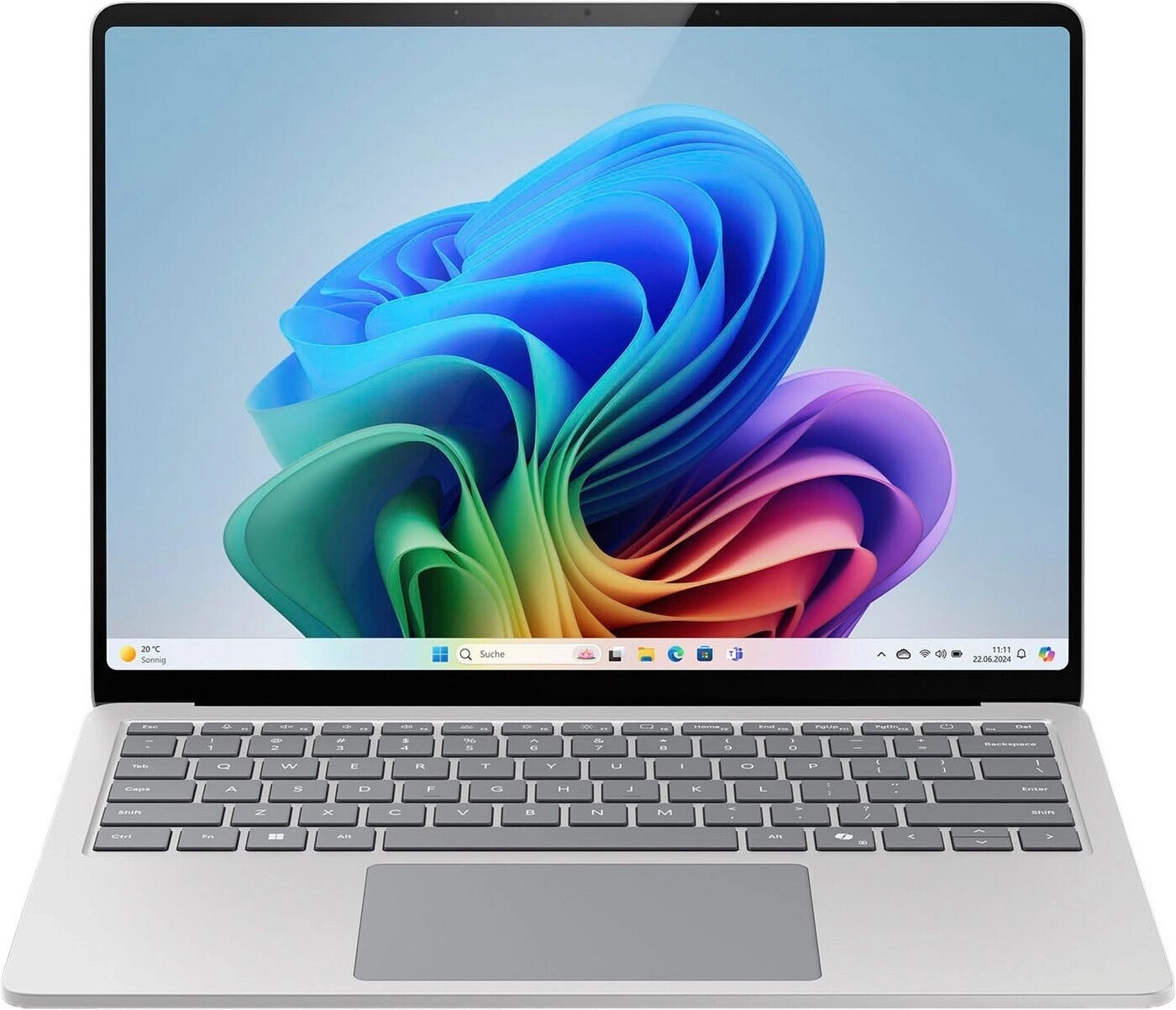Laptop mit offenem Bildschirm und bunter Hintergrundgrafik