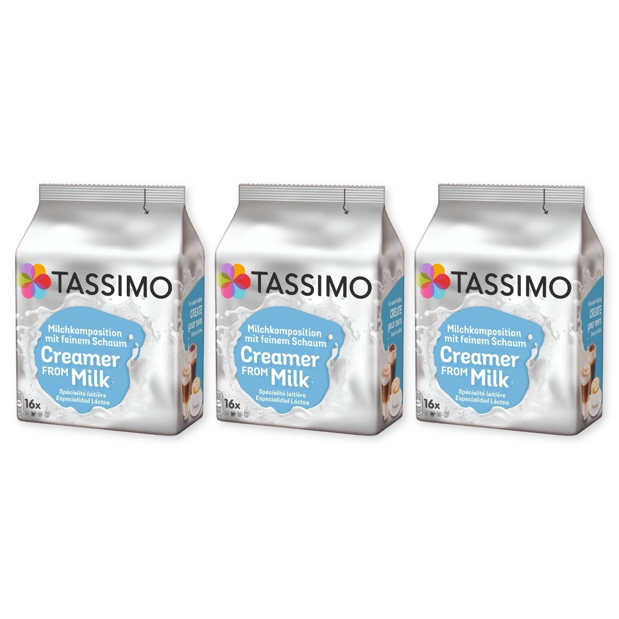 Drei Packungen TASSIMO Milchkomposition mit feinem Schaum.