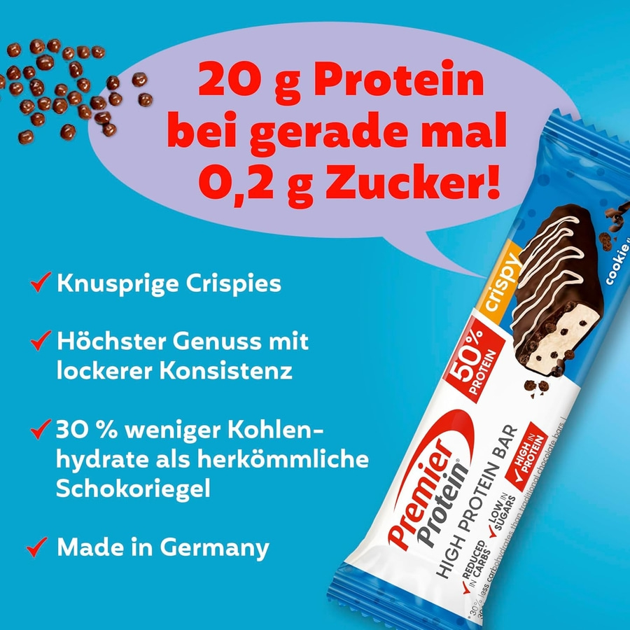 Proteinriegel mit 20g Protein und 0,2g Zucker, knusprige Crispys