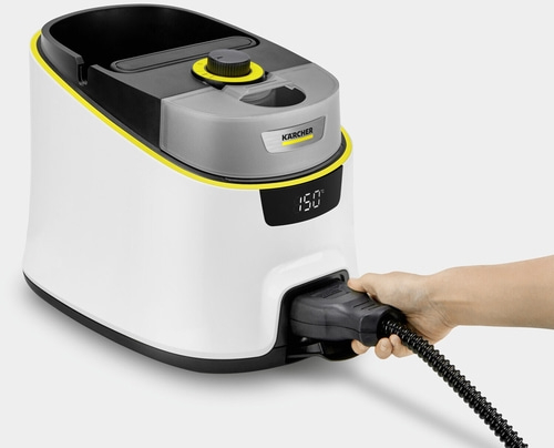 Dampfreiniger, weiß, gelb, schwarz, Kärcher, Temperaturanzeige, Stecker, Hand