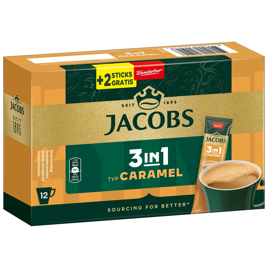 Jacobs 3in1 Caramel Packung mit 12 Sticks und 2 Gratis Sticks