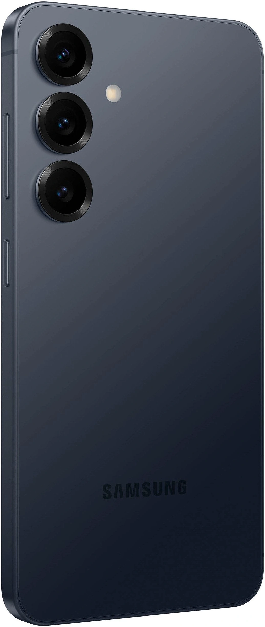 Dunkelblaues Samsung Smartphone mit drei Kameralinsen auf der Rückseite.