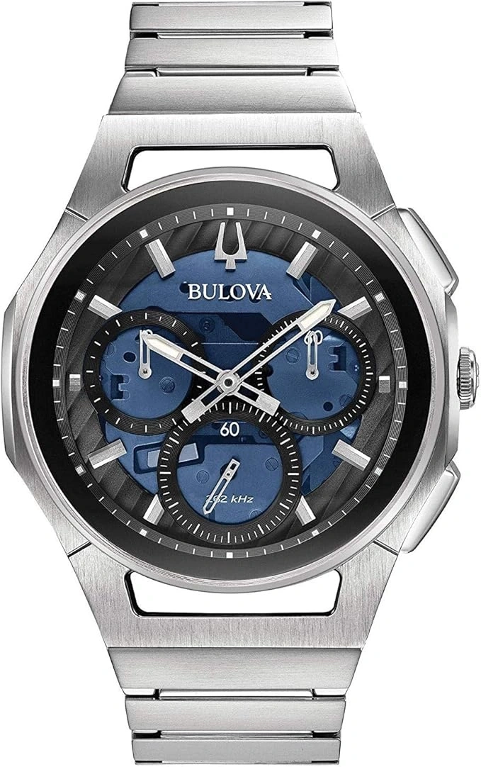 Bulova Herrenuhr, blaues Zifferblatt, silbernes Armband, Chronograph, 60, 2 kHz